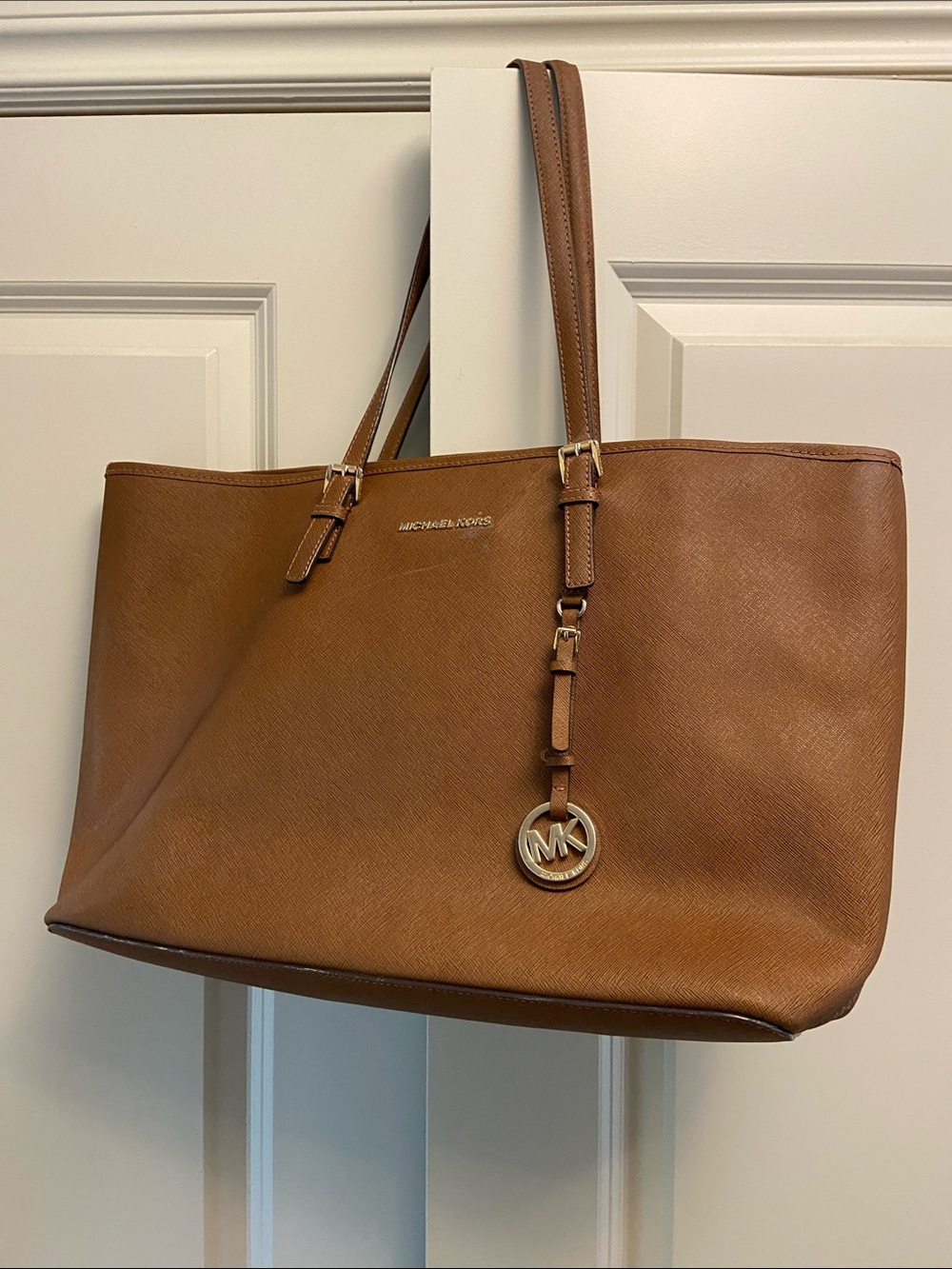 Michael Kors Caramel Brown Jet Set Leather Tote with Signature MK Charm